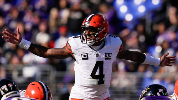 Nov 12, 2023; Baltimore, Maryland, USA; Cleveland Browns quarterback Deshaun Watson (4) calls out to teammates before the snap against the Baltimore Ravens during the first half at M&T Bank Stadium.